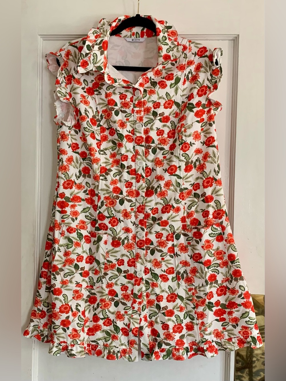 Wenrine Floral Tangerine Dress Ruffle Collar Sleeves Trim Pockets Cottage